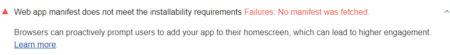 Kiểm tra bằng Lighthouse cho thấy người dùng không thể cài đặt ứng dụng web trên màn hình chính