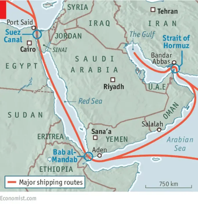 Vị trí của 2 eo biển chiến lược Hormuz và Bab el-Mandeb